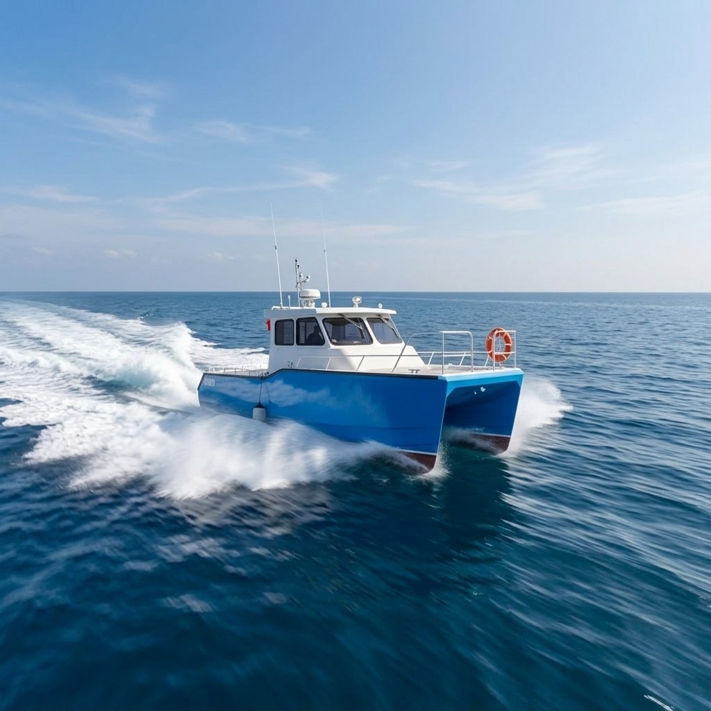 Aluminum catamaran navigating through high-latitude waters